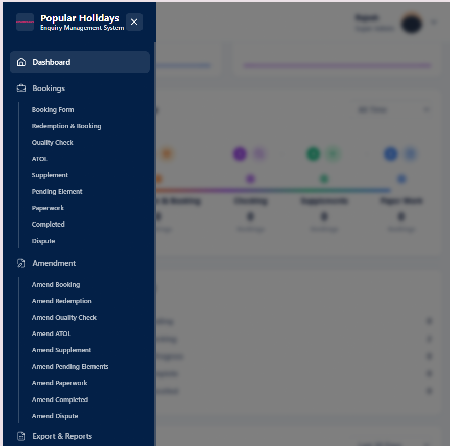 Popular Holidays Enquiry Management System dashboard